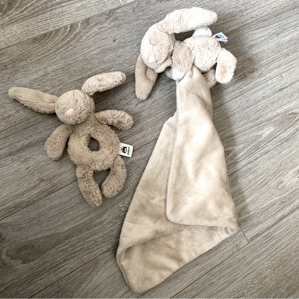 Jellycat Bashful Bunny Lovey Security Blanket AND Bunny Rattle: 2 Beige Plushies